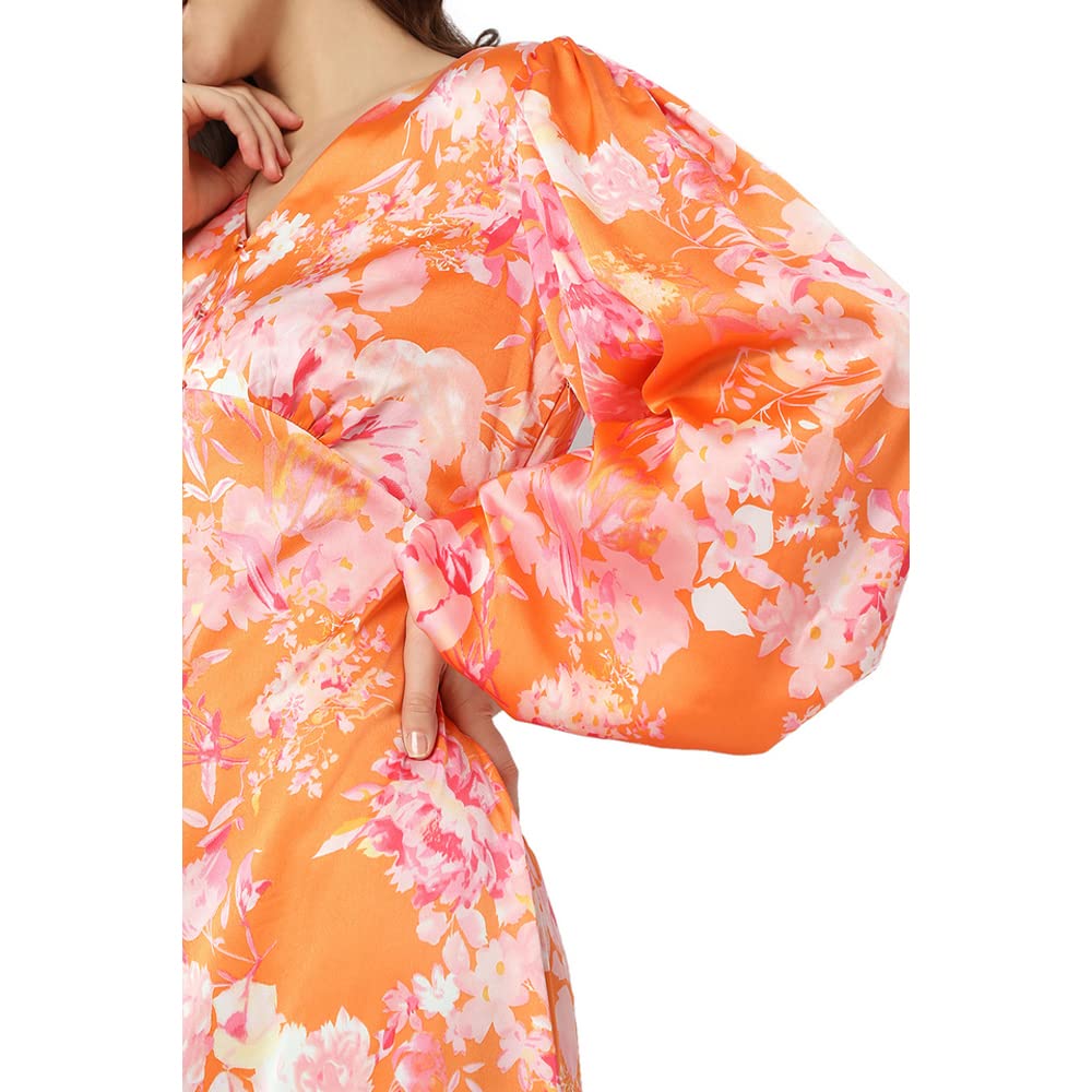 VERO MODA Printed Polyester V Neck Women's Midi Dress (Orange,Xs)