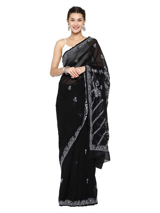 Ada Hand Embroidered Lucknow Chikankari Women's Georgette Saree with Unstitched Blouse Piece A130251 Black