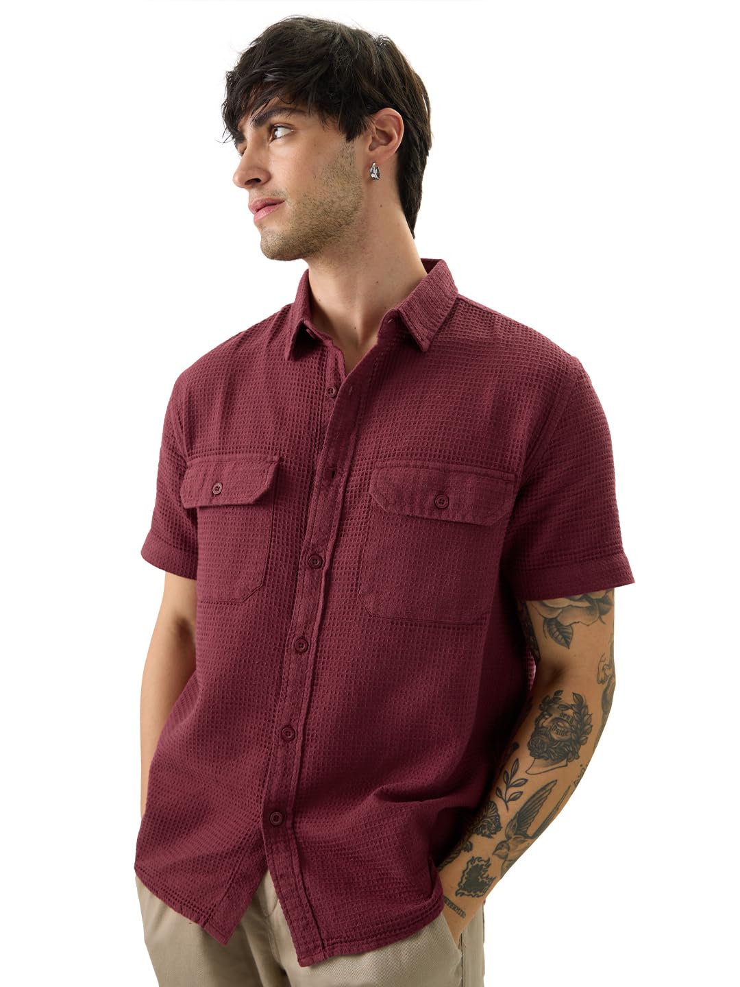 The Souled Store Solids: Burgundy Men and Boys Short Sleeve Collared Neck Button Front Cotton Relaxed Fit Shirts