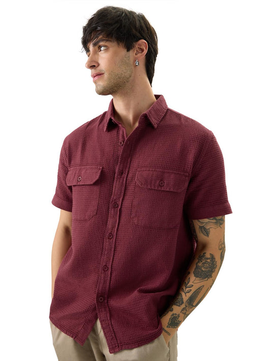 The Souled Store Solids: Burgundy Men and Boys Short Sleeve Collared Neck Button Front Cotton Relaxed Fit Shirts
