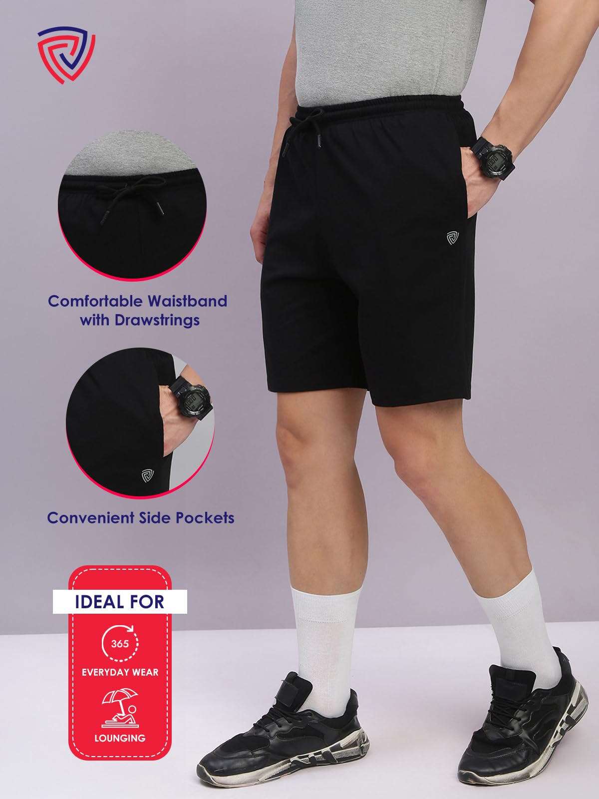 Lux Cozi Men's Cotton Regular Fit Solid Shorts with Side Pockets_COZI_2141_BLK_XL_1PC