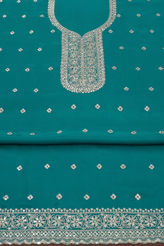 Soch Womens Teal Chinon Embroidered Unstitch Dress Material With Sequins