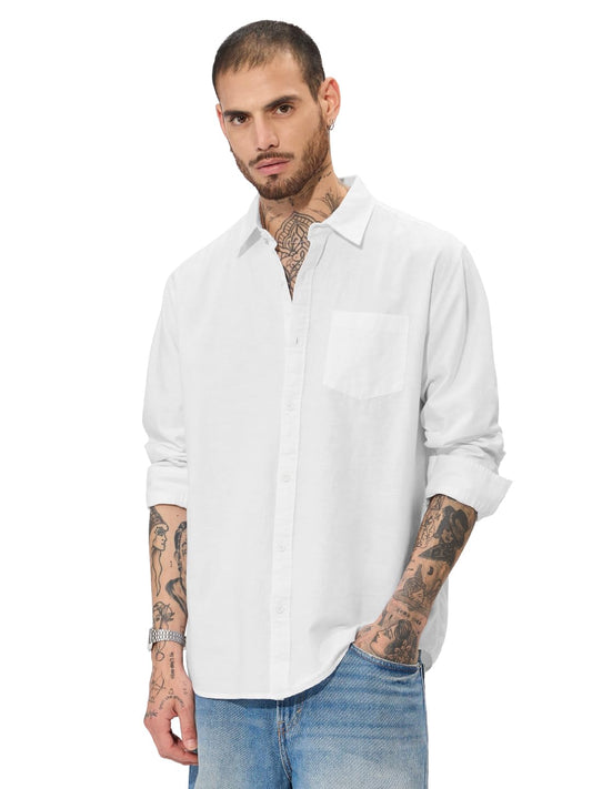 The Souled Store Solids: Pearl White Men and Boys Collared Neck Long Sleeve Button Front Regular Fit Cotton Linen Shirts Solid Shirts Casual Button-Down Full Sleeve Casual Workwear Fashionable Stylish