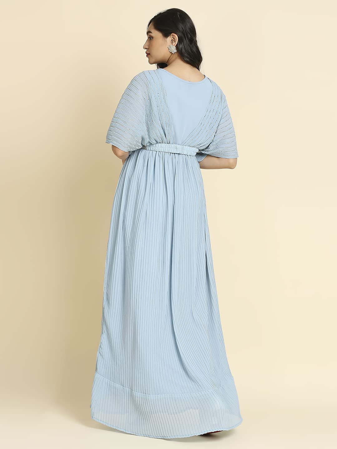 madhuram Women's Long Gown for Solid Georgette with Heavy Embroidery and Hand Work with Belt(2408) (in, Alpha, 2XL, Regular, 1) Sky Blue