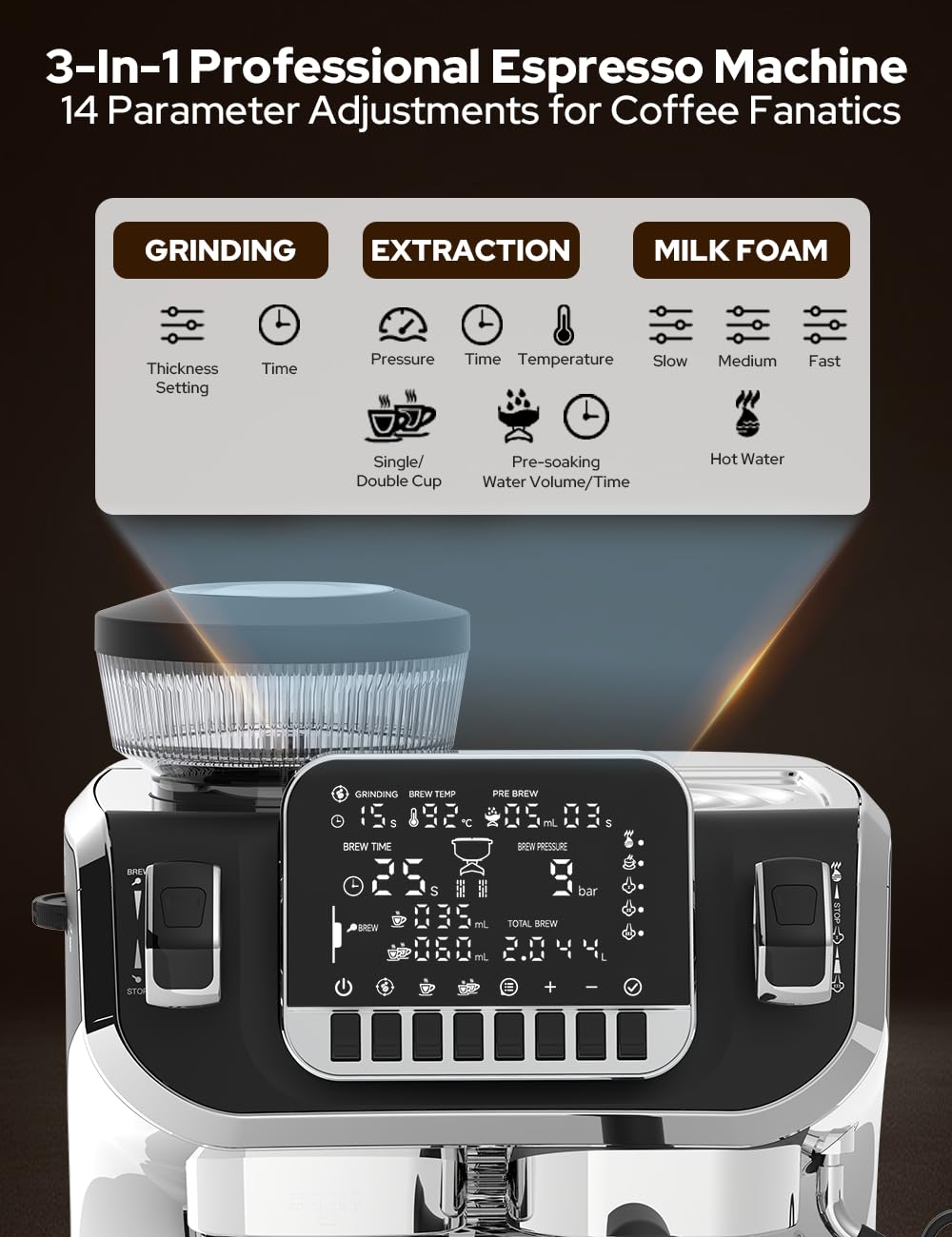 COSTAR Professional Espresso Machine with Grinding & Frothing, 20 Bar Coffee Machines with LED Screen, Coffee Maker Machine for Home/Office, 1.8L Removable Water Tank for Cappuccino, Latte