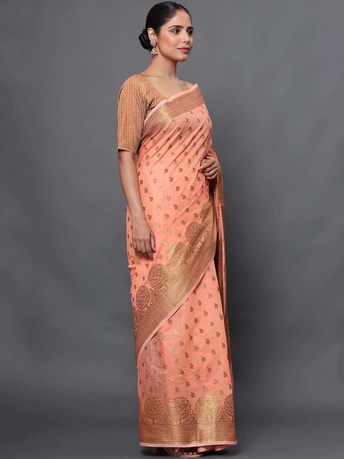 leeza store Women's Peach Cotton Silk Blend Golden Zari Tree Pattern Border Rich Pallu Banarasi Saree With Blouse Piece