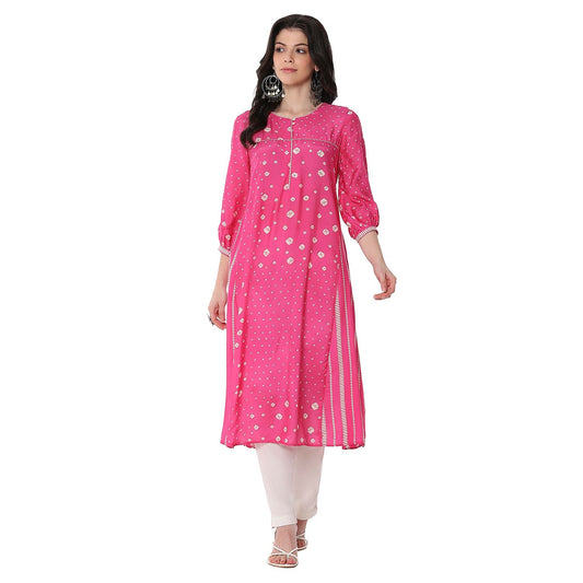 Biba Women's Pink Modal Blend A-Line Printed Kurta
