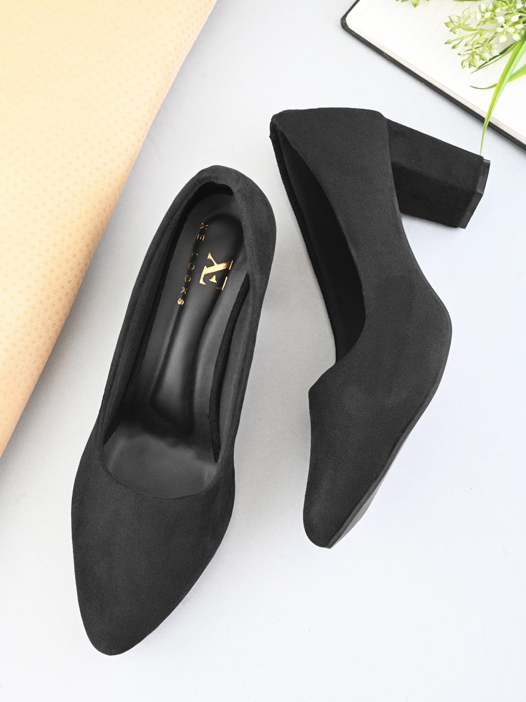 XE Looks Classic Black Pumps | Chic Suede Finish | Comfortable & Stylish Block Heel For Girls & Womens