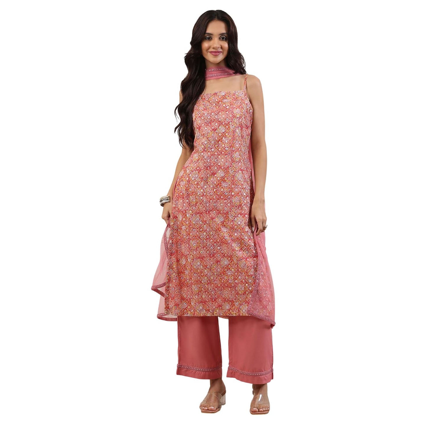 Biba Women Peach Poly Georgette Straight Suit Set_30