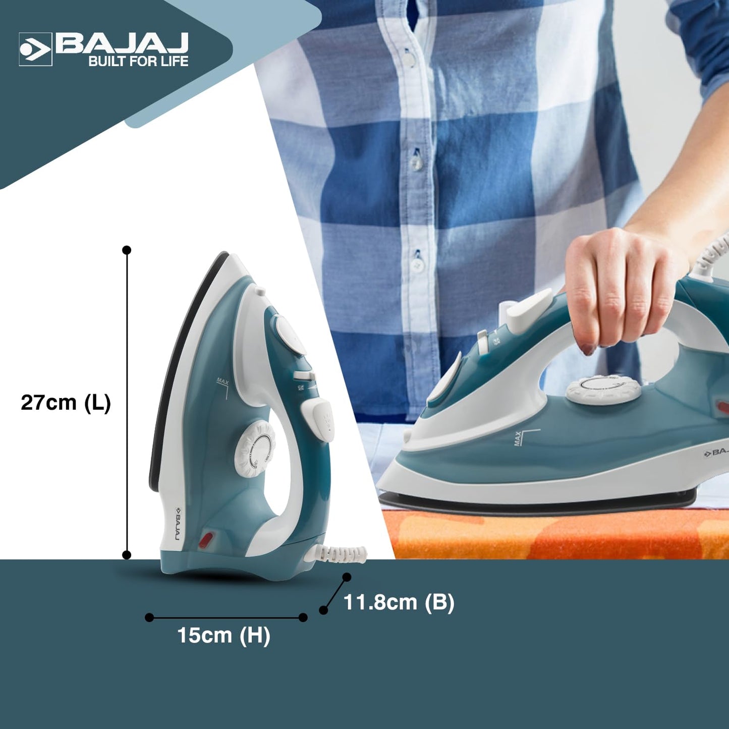 Bajaj MX 3 Neo Steam Iron | 1250 Watts Power For Faster Ironing | Vertical & Horizontal Ironing | Spray Function | Anti-Bacterial & Non-Stick Soleplate Coating | 2-Yr Warranty By Bajaj 【Blue】