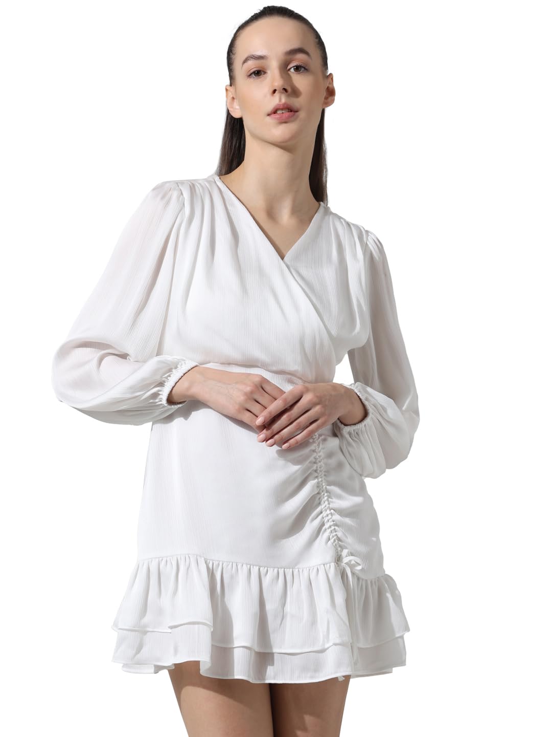 ONLY Women Solid Polyester Above Knee White Tiered Dress