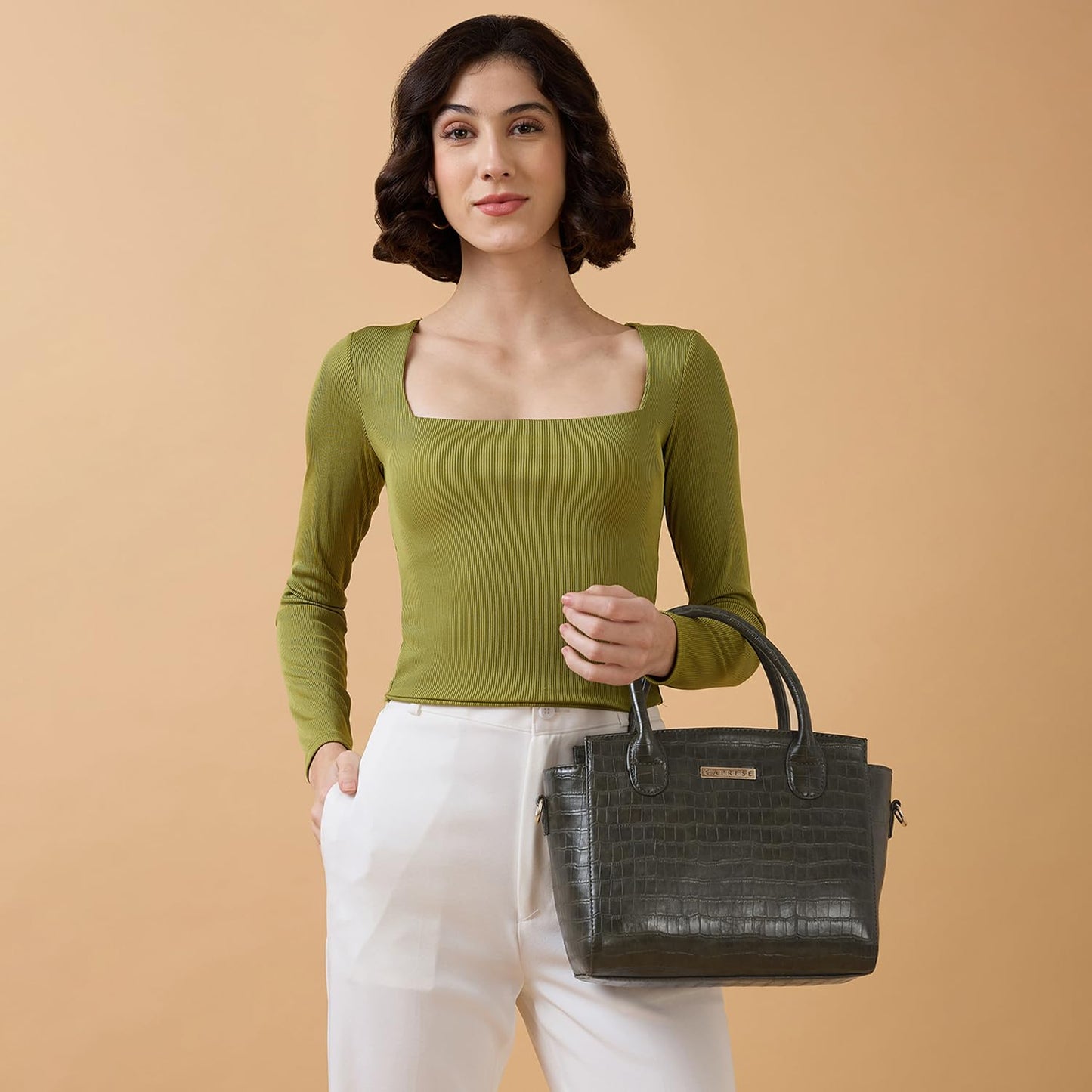 Caprese Cristina Satchel Medium Green Bag with Adjustable & Detachable Strap - Versatile Shoulder, Crossbody & Handheld Bag for Work, Travel, and Everyday Use - Spacious with Multiple Compartments