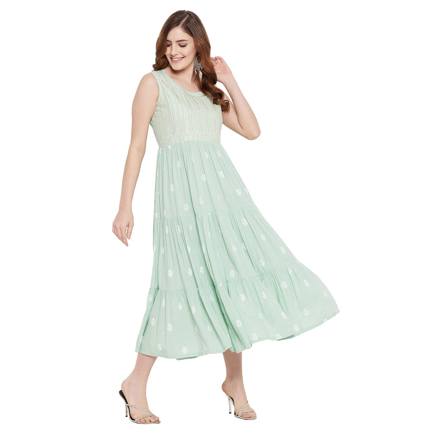 Rangavali Stylish Sea Green Festive Tiered Anarkali Dress for Women | Western A-Line Maxi Sleeveless Long Gown for Womens | Fusion Dresses for Ladies | 1 Pcs Dress | L, 36