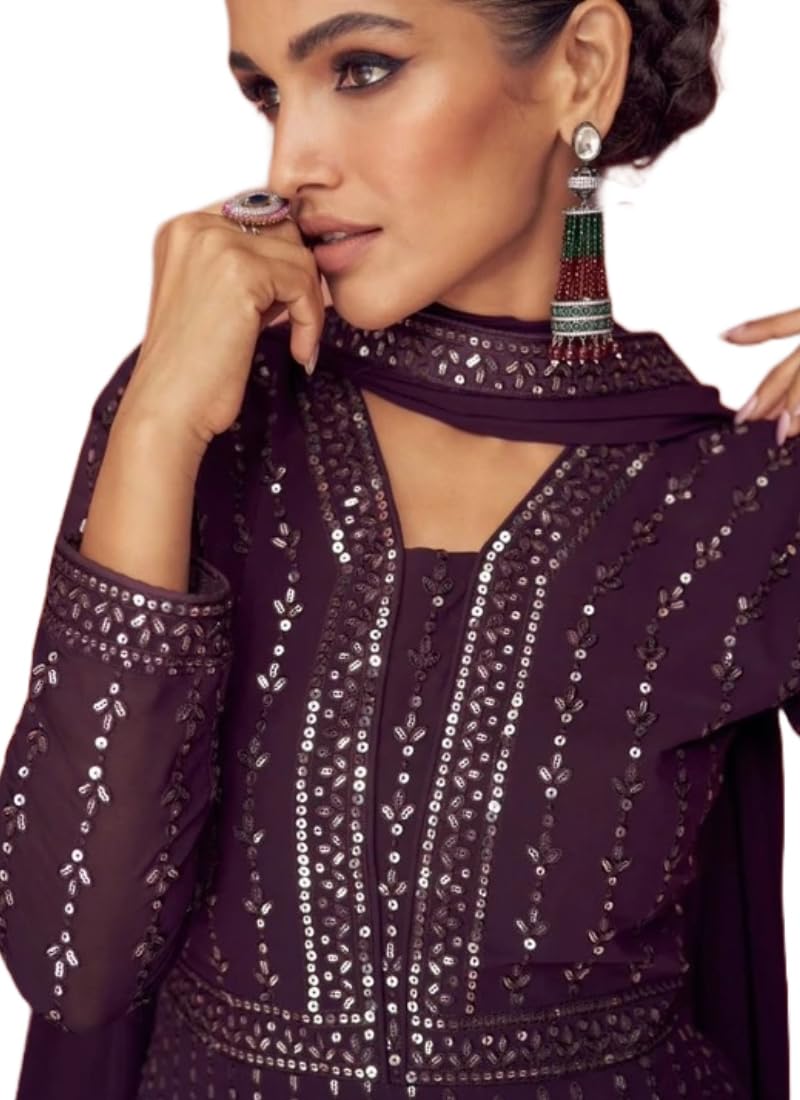 Miss Ethnik Women's Faux Georgette Full Sleeve Stitched Embroidered Floor Length Purple Anarkali Maxi Gown with Dupatta (ME-1106-Purple-L)