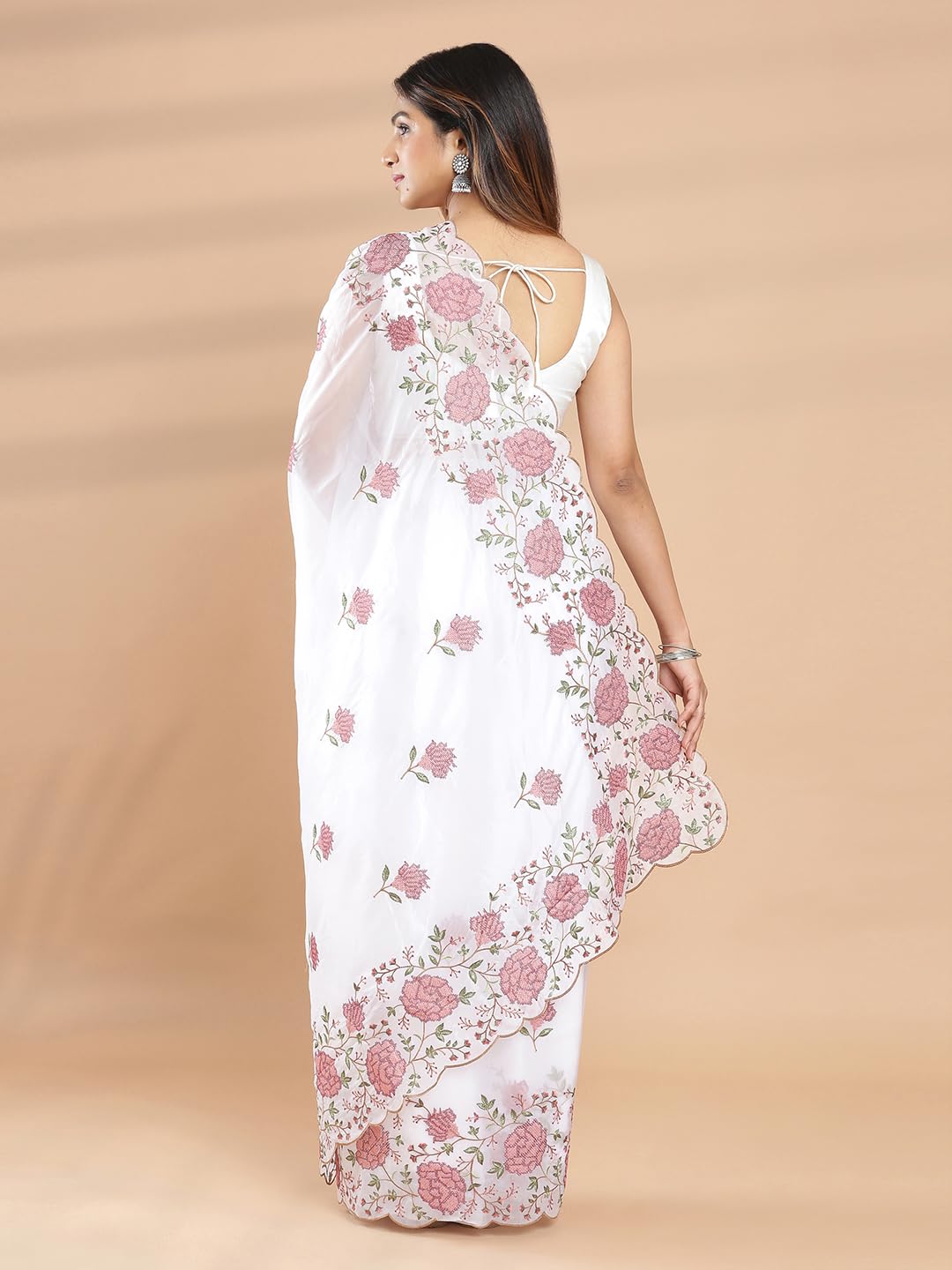 Kalyan Silks Off White Color Organza Saree With Floral Embroidery On Body