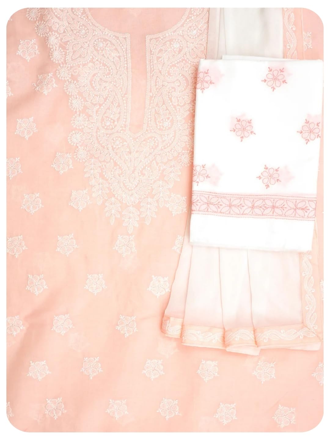 Ada Hand Embroidered Lucknowi Chikankari Unstitched Cotton Dress Material Suit Piece with Dupatta for Women A211366 Peach