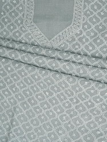 Ada Hand Embroidered Lucknowi Chikankari Unstitched Cotton Dress Material Suit Piece with Dupatta for Women 01A882279 Fossil Grey