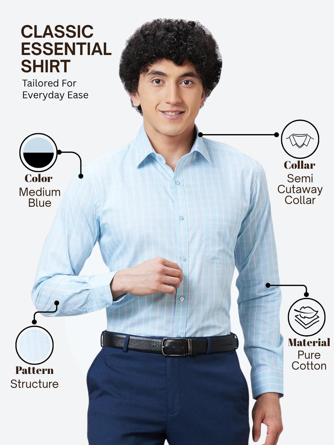 Raymond Men's Slim Fit Structured Formal Shirt - Pure Cotton, Full Sleeve, Semi Cutaway Collar | Medium Blue