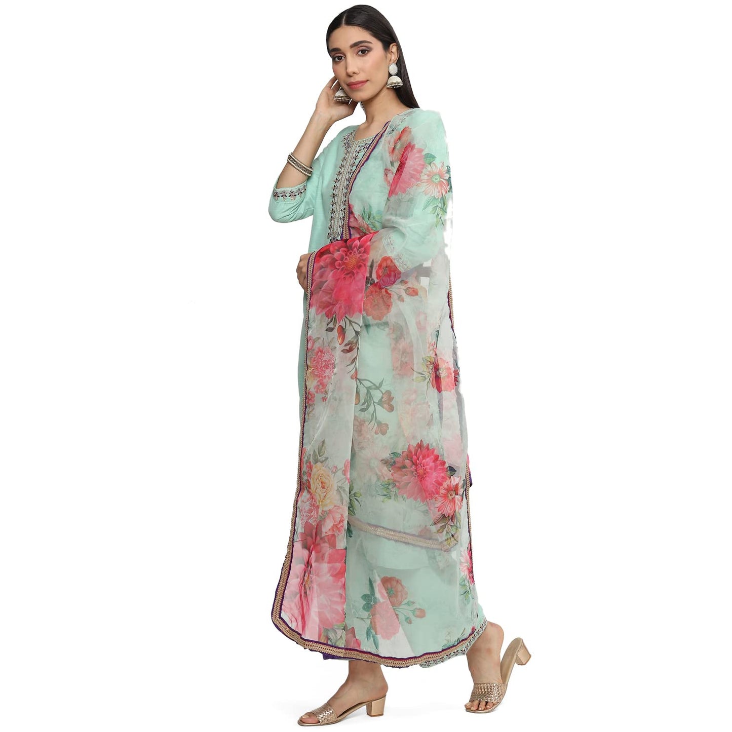 BIBA WOMEN YARNDYED RELAXED SALWAR KURTA DUPATTA(SKD8000_SEA GREEN_32)