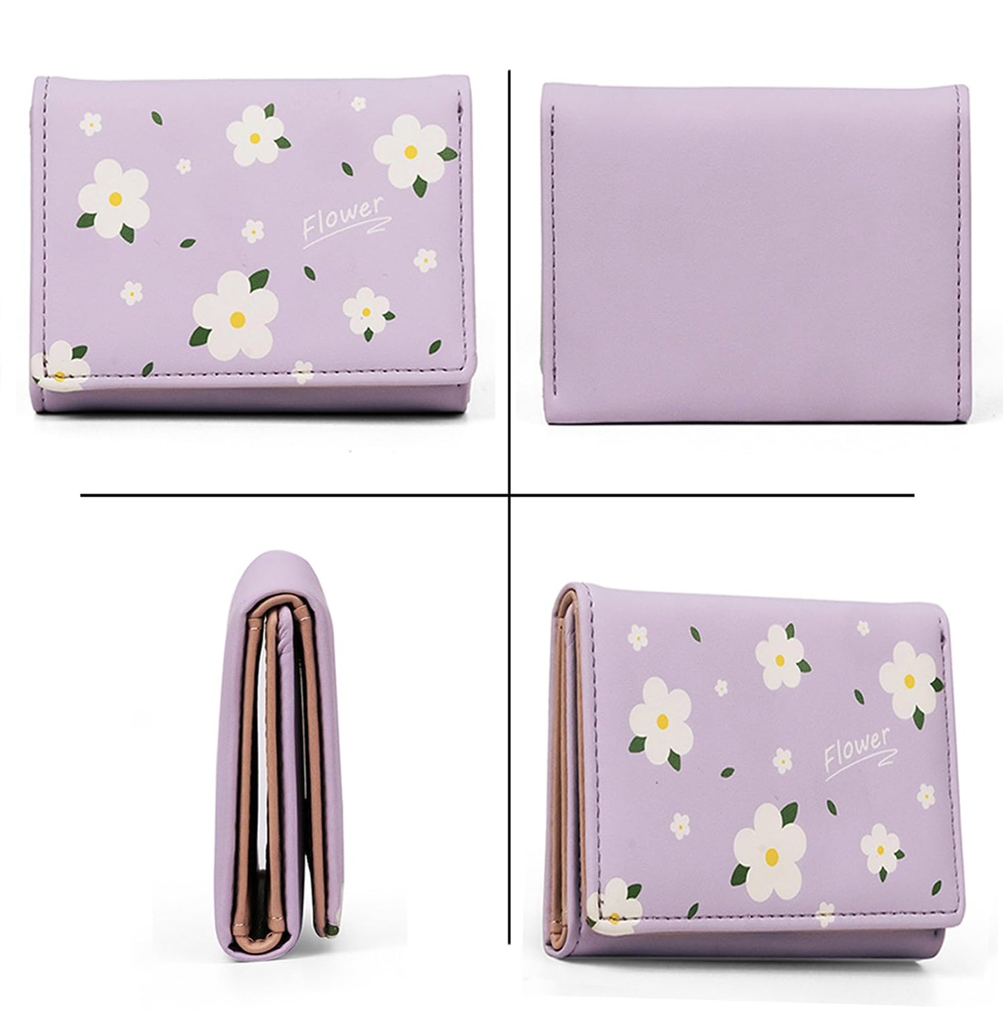 INOVERA (LABEL) Flower Wallets for Women, Girls - Stylish Faux Leather Trifold Cash, Cards Holder Wallet - Small Hand Purse (Purple)