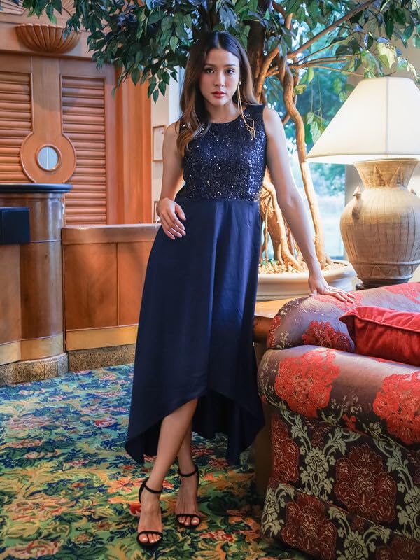 Zink ondon Women's Navy Blue Sequinned Fit & Flared Maxi Dress