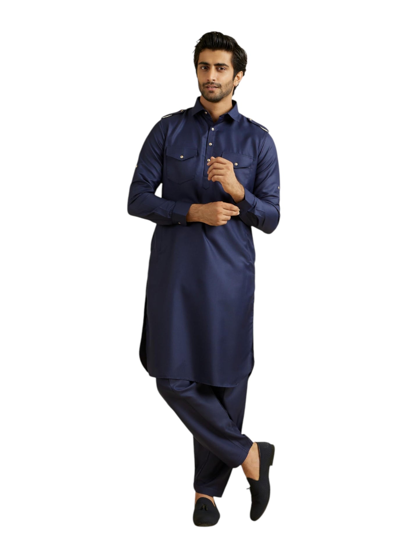 Manyavar Men's Rayon Blend Solid Pathani Kurta Churidar Set (Dark Blue,L)