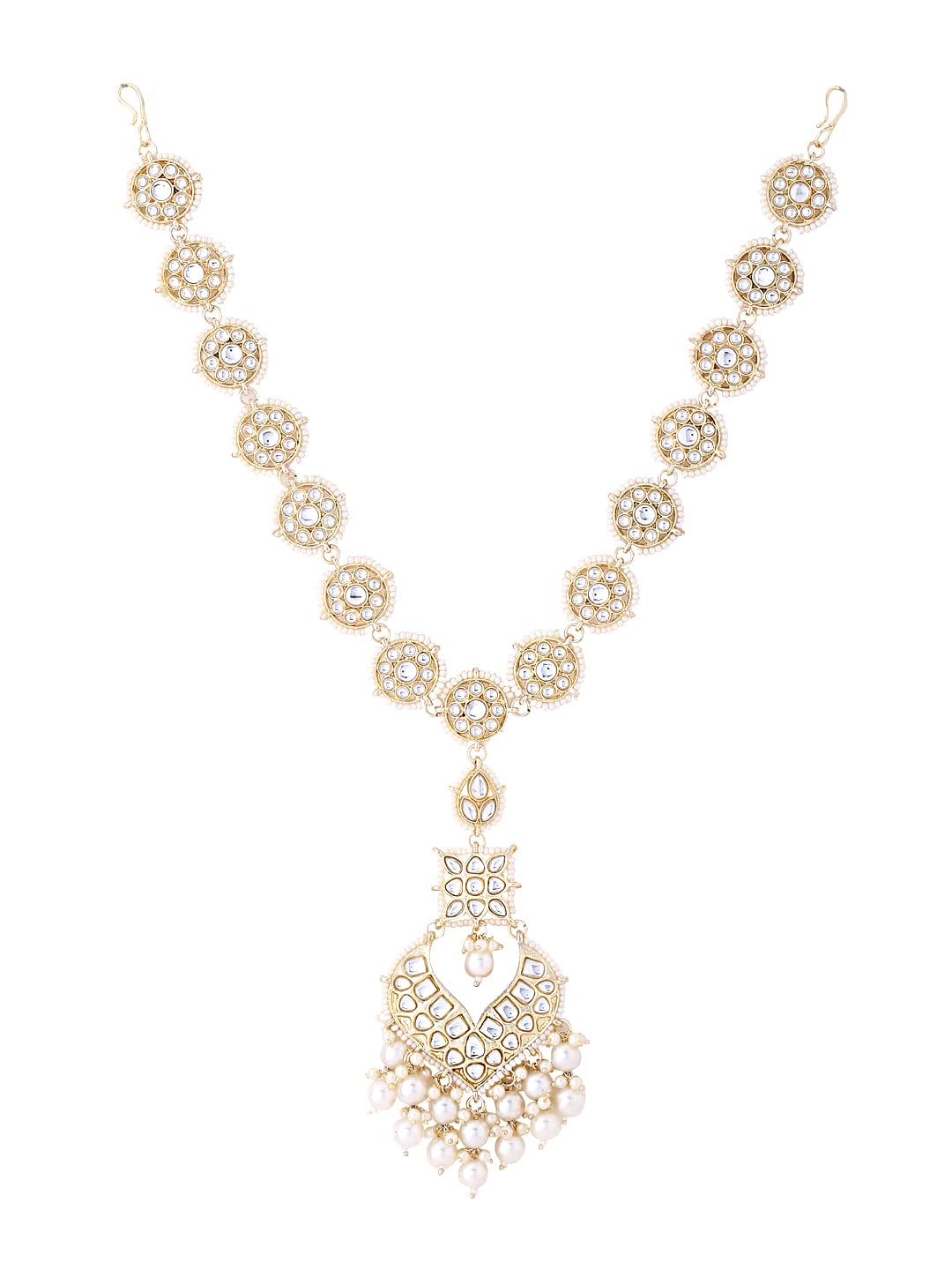 Yellow Chimes Mathapatti for Women Gold Toned Kundan and Pearl Studded Traditional Bridal Matha Patti Style Mangtikka For Women and Girls