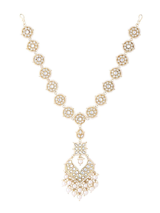 Yellow Chimes Mathapatti for Women Gold Toned Kundan and Pearl Studded Traditional Bridal Matha Patti Style Mangtikka For Women and Girls