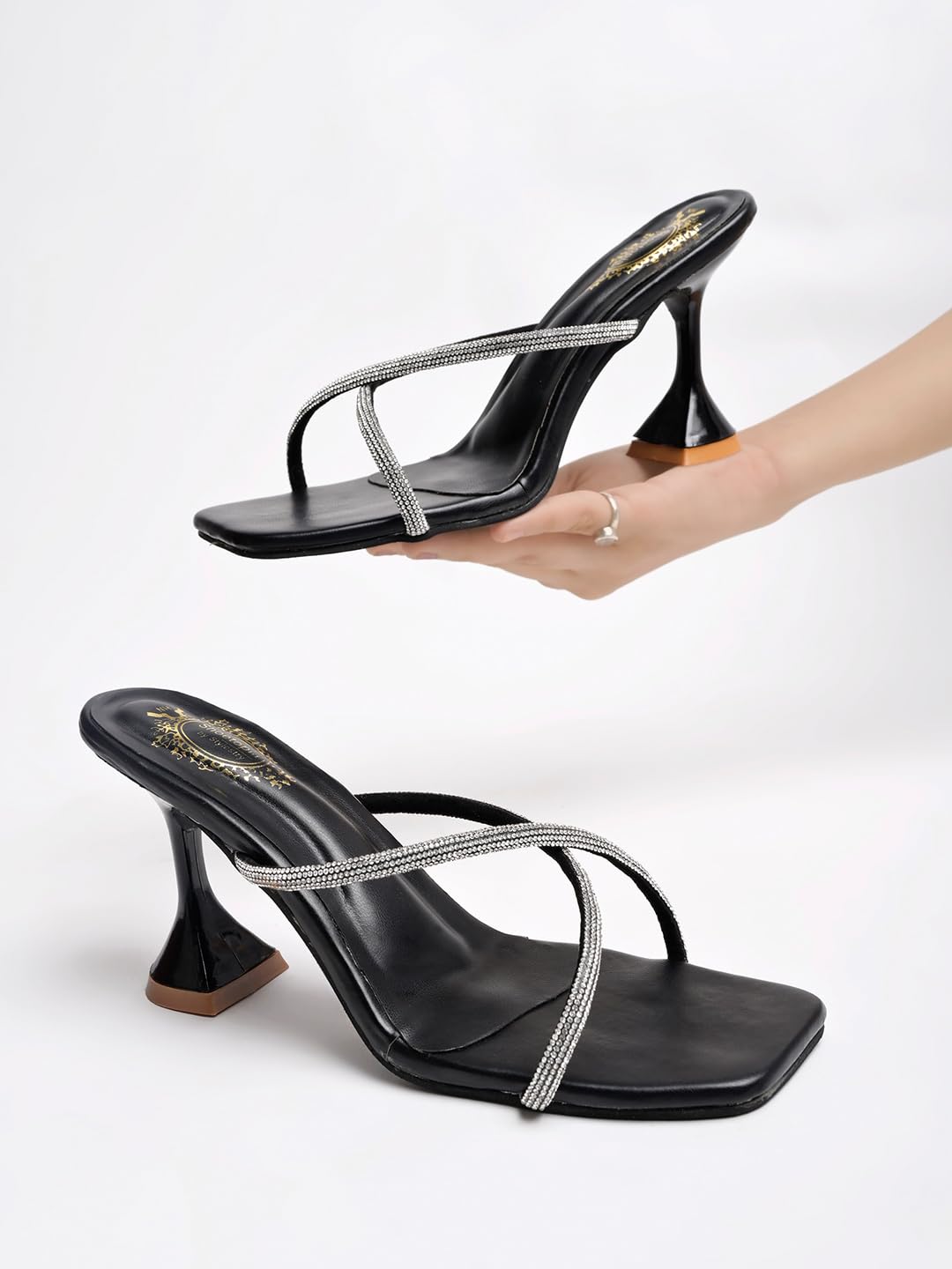 Shoetopia Women’s Rhinestone Strappy Black Heeled Sandals – Square Toe Mule Slides, Sparkly Crystal Thin-Strap Dress Heels with Flared Block Heel – Bridal/Party & Casual Footwear EU37
