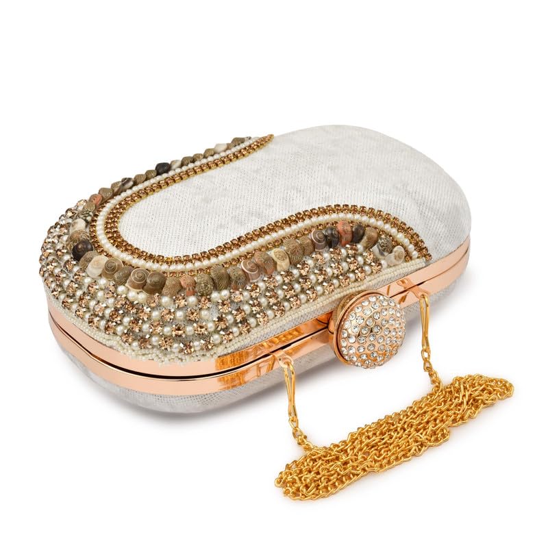 QHAN Elegant Beaded Clutch Purse for Women – Emroidered Bag with Gold Chain, Rhinestone Clasp & Stone Detailing (Cap Pebble White)