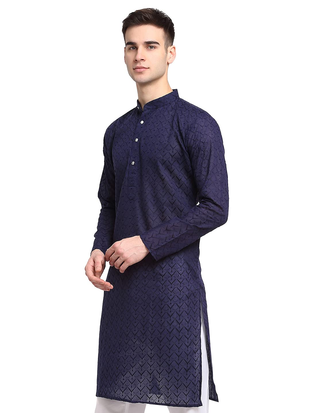 Jompers Men Navy Blue & White Self Design Kurta (Navy, M)