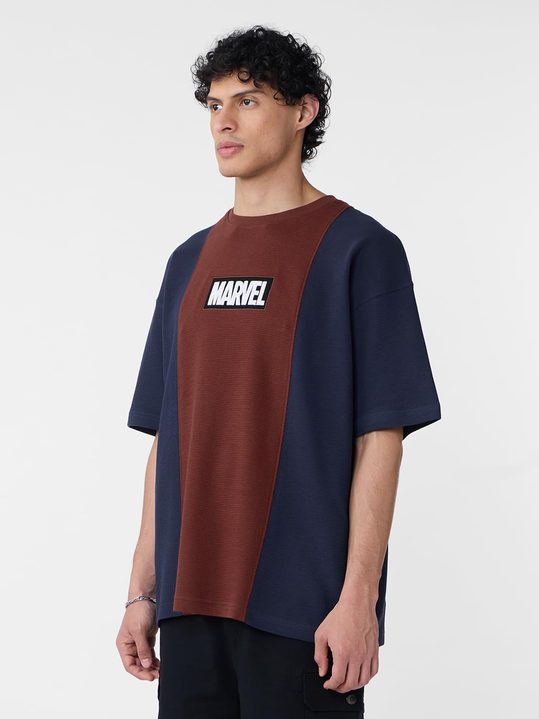 The Souled Store Marvel: Classic Logo Men and Boys Short Sleeves Round Neck Blue and Brown Embroidered Cotton Oversized T-Shirts