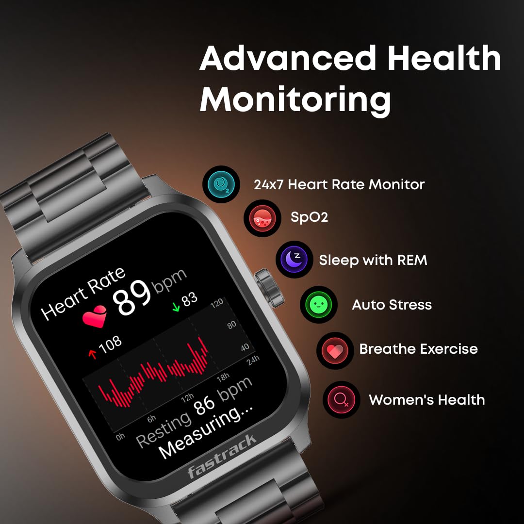 Fastrack Jupiter Retro 1.83" Display Smart Watch with Bluetooth Calling, Functional Crown, Metal Strap, 100+ Sports Modes, Health Suite, IP68, 5-Day Battery – Smartwatch for Man & Women Latest (Black)