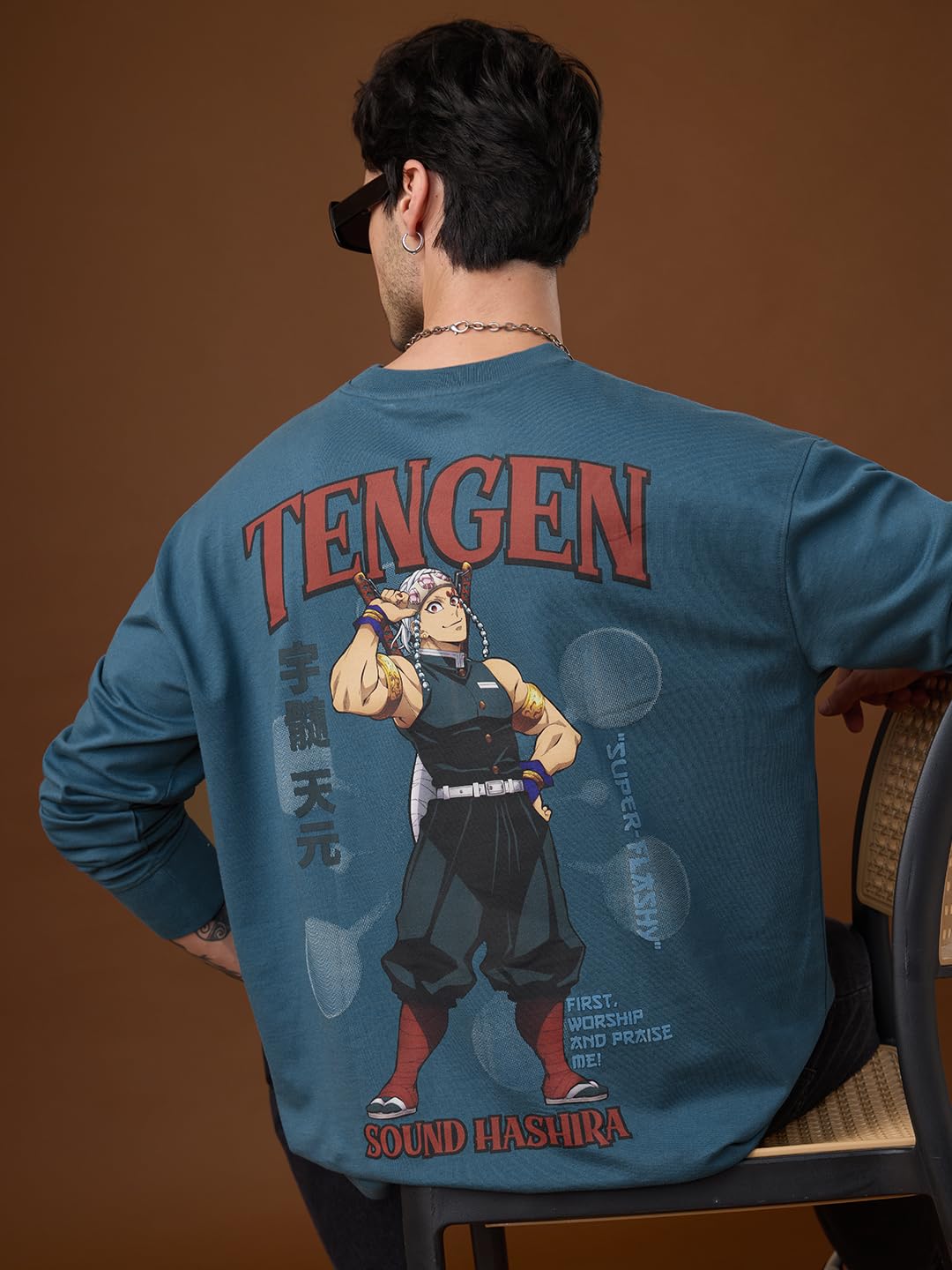 The Souled Store Demon Slayer: Tengen Men and Boys Long Sleeve Round Neck Blue Graphic Printed Drop Shoulder Casual Anime Streetwear Oversized T-Shirt