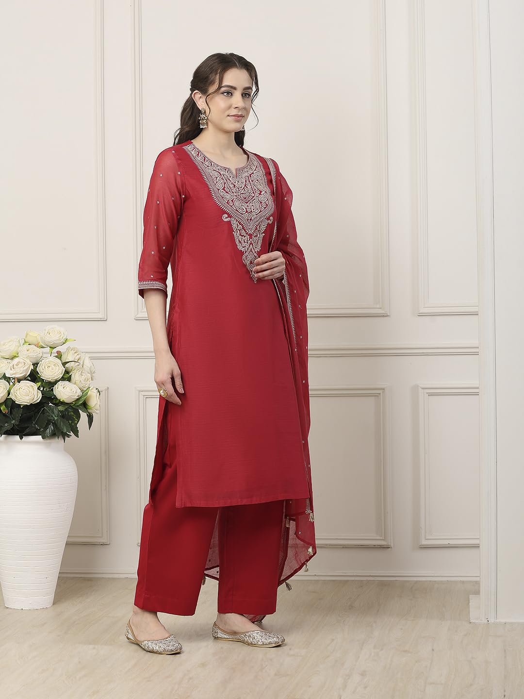 Biba Women Red Poly Chanderi Straight Suit Set_32