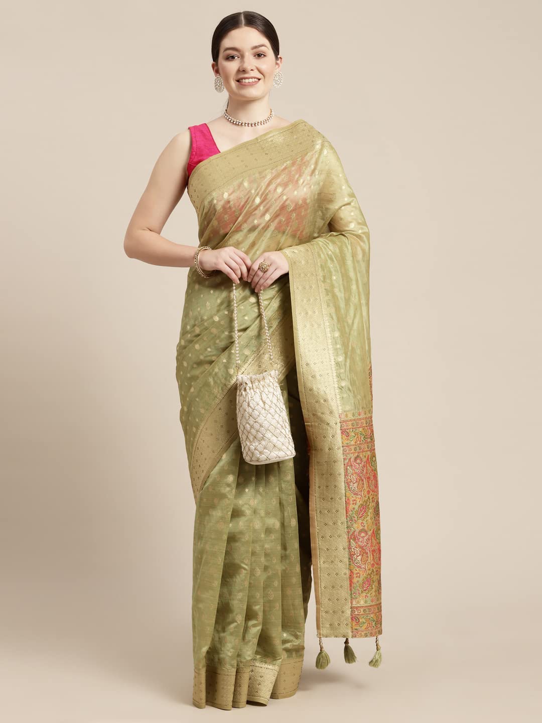 MOHEY Women's Festive Saree, All Over Boota, Border Saree with Blouse Piece Traditional Womens Saree for Festival, Wedding, Party (Green)