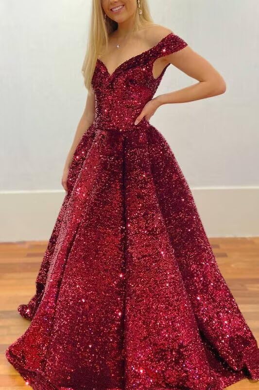 Homdor Women's Off Shoulder Sequin Prom Floor Length Dresses for Teens Plus Size Ball Gown Sparkly Quinceanera Dresses Formal Evening Gowns, Black, 18
