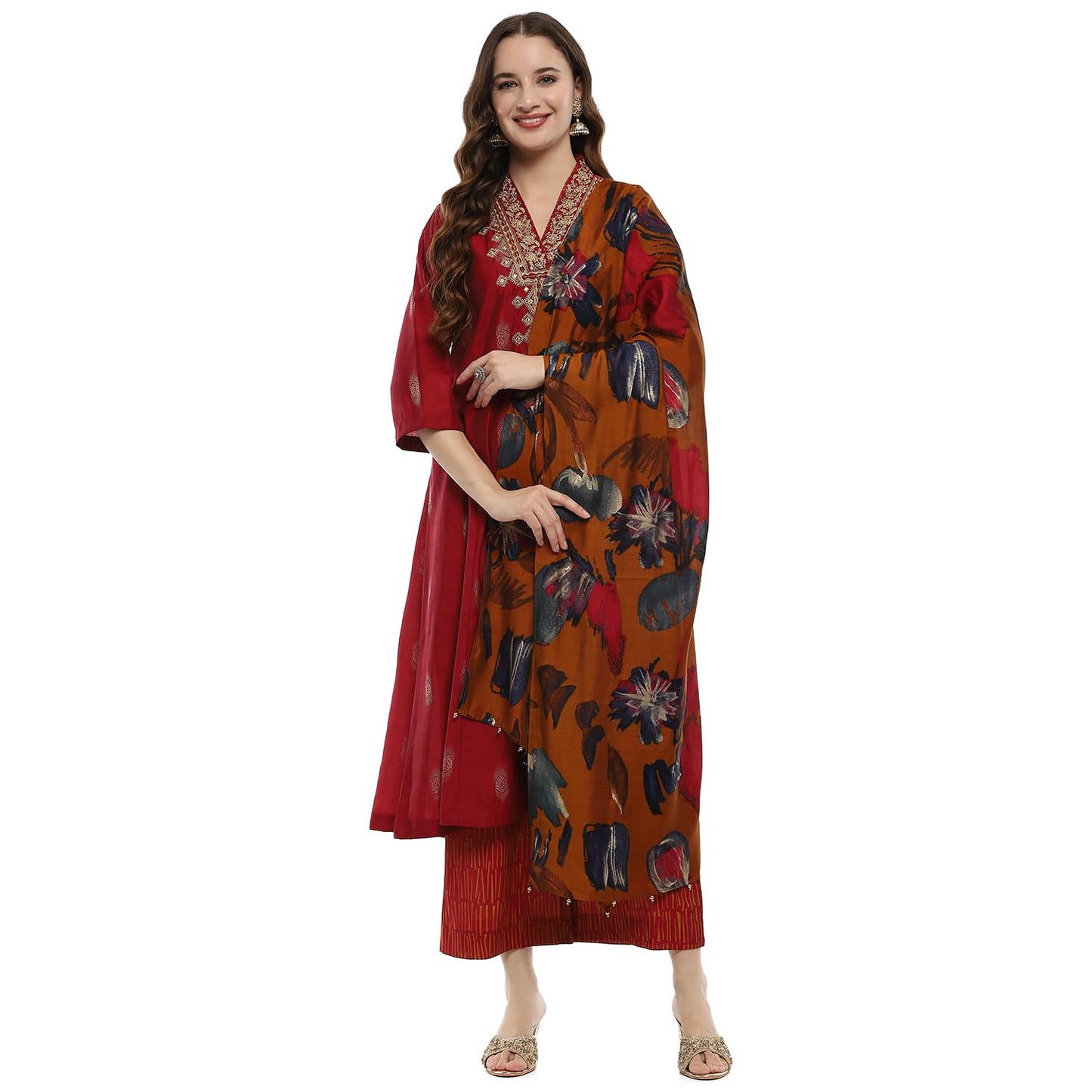 BIBA Women's Beige Cotton Anarkali Suit Set (SKD9727SS24BEG