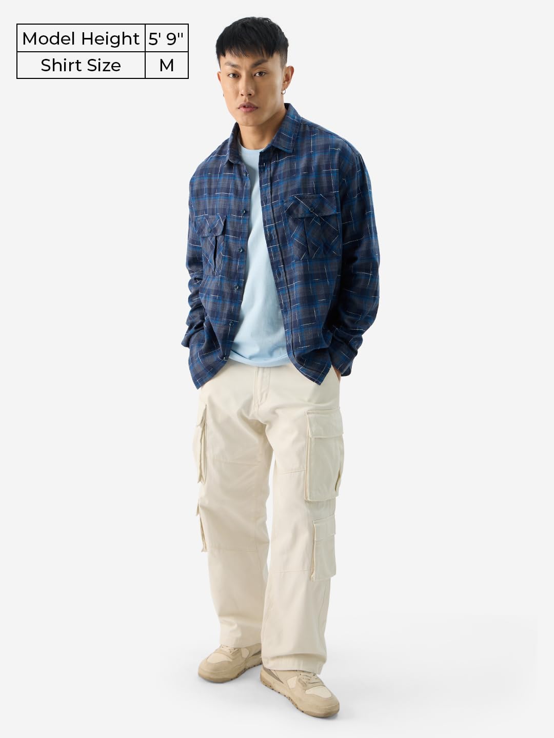 The Souled Store Plaid: Indigo Wave Men and Boys Long Sleeve Collared Neck Button Down Regular Fit Cotton Utility Shirts