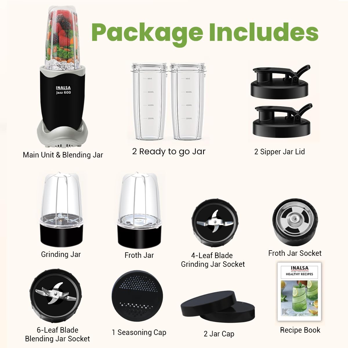 INALSA Blender Mixer Grinder|5 Jar & 600 W Copper Motor| Blenders for Smoothies and Juices| Smoothie Maker Blender|Nutri Blender |3 Blades Including Froth Blade|2Yr Warranty,Jazz 600