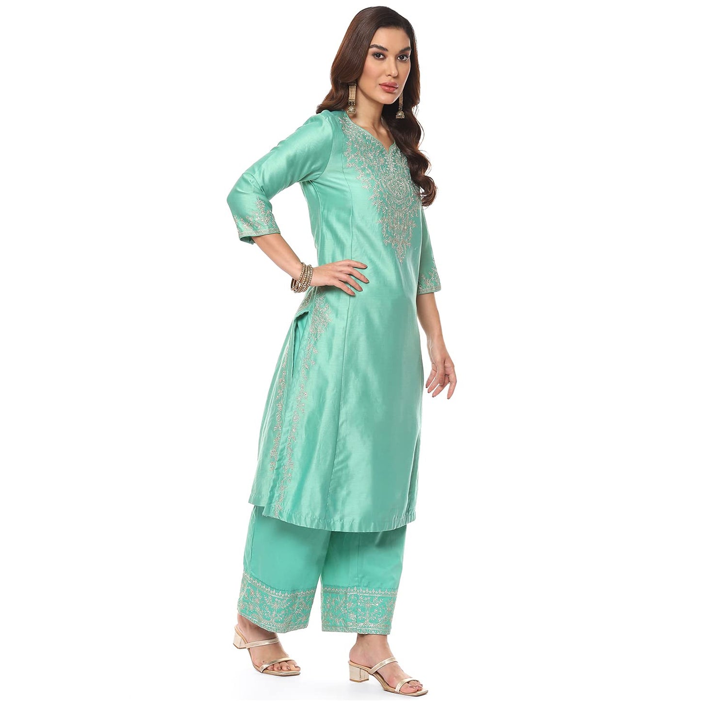 BIBA Women's Ethnic Sea Green Cotton Kurta Suit Set (Size_3XL)