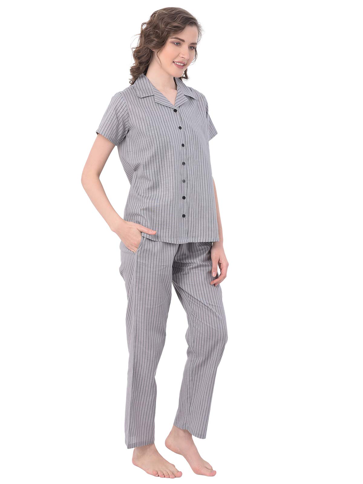 Clovia Women's Cotton Striped Ankle Length Casual Regular Shirt and Pyjama (LS0385P01XL_Grey_XL)