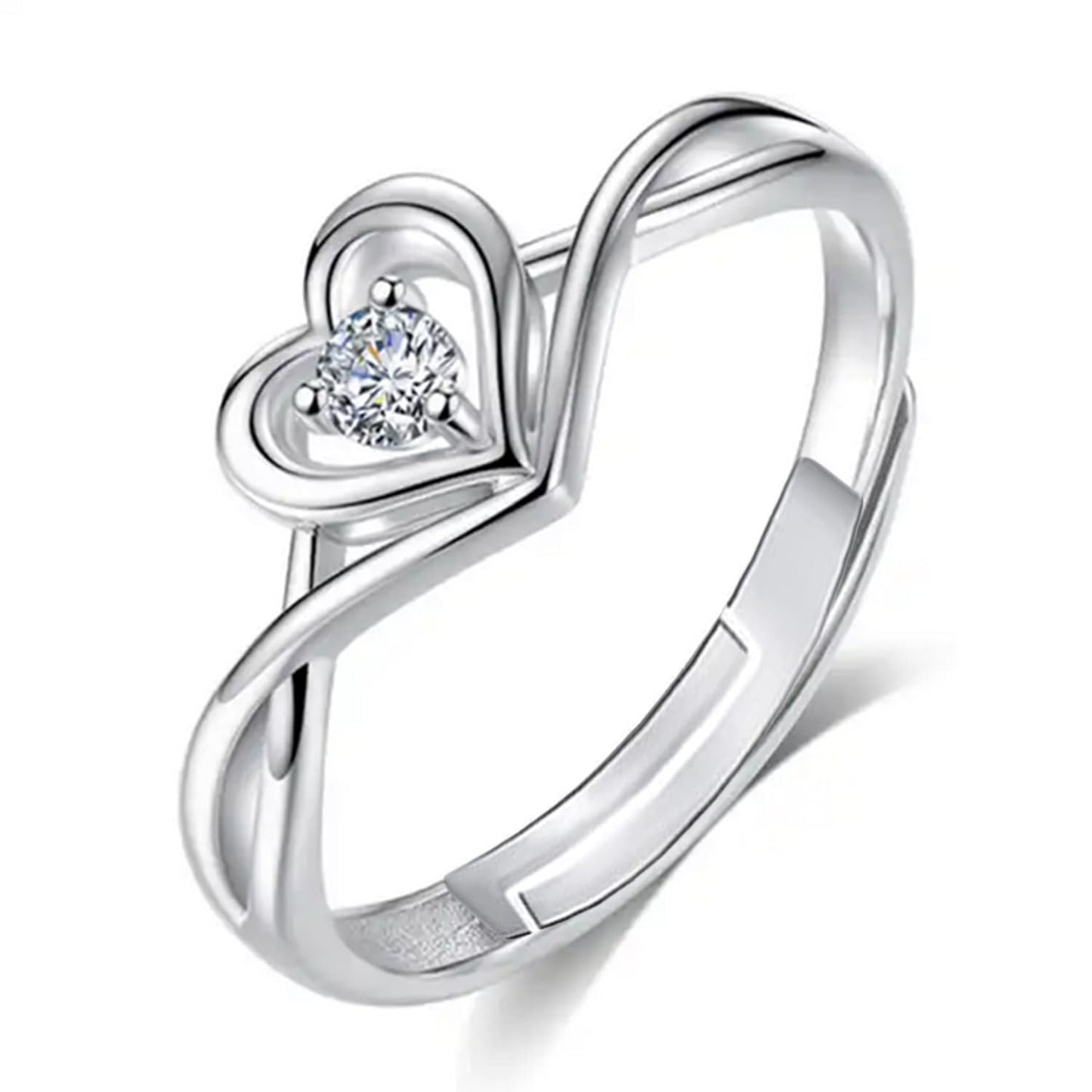 Okos Women Fashion Jewellery Rhodium Plated Solitaire Style Adjustable Heart Finger Ring with Cz Stone For Girls and Women FR1000970WHT