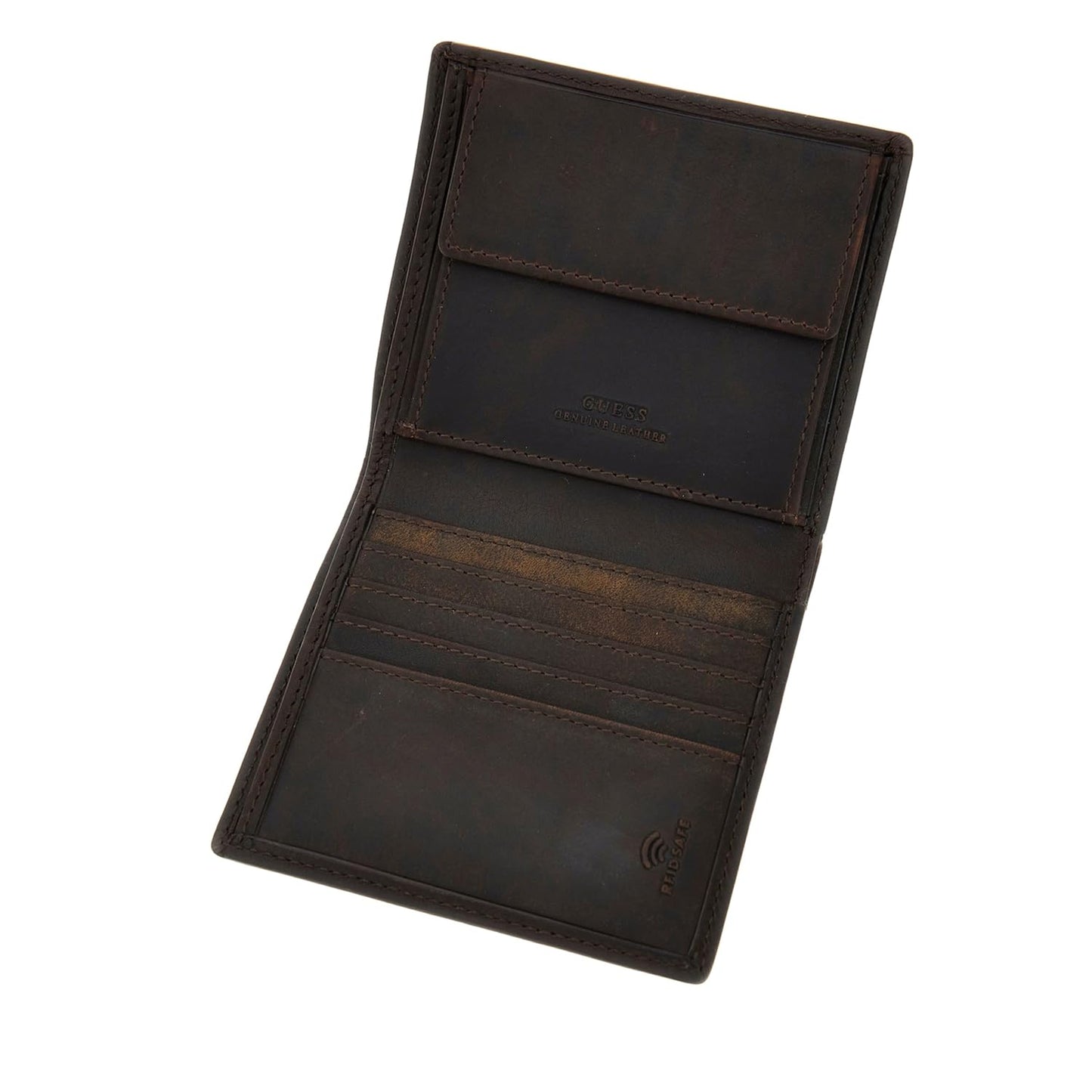 GUESS Brown Solid Leather Roma Bi-Fold Coin Pocket Wallet