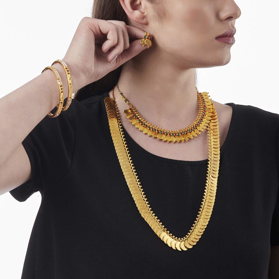 ZENEME Gold Plated and Bangles & Maharani Temple Coin Necklace Set for Women & Girls (Design_01, 2.8 Inches)