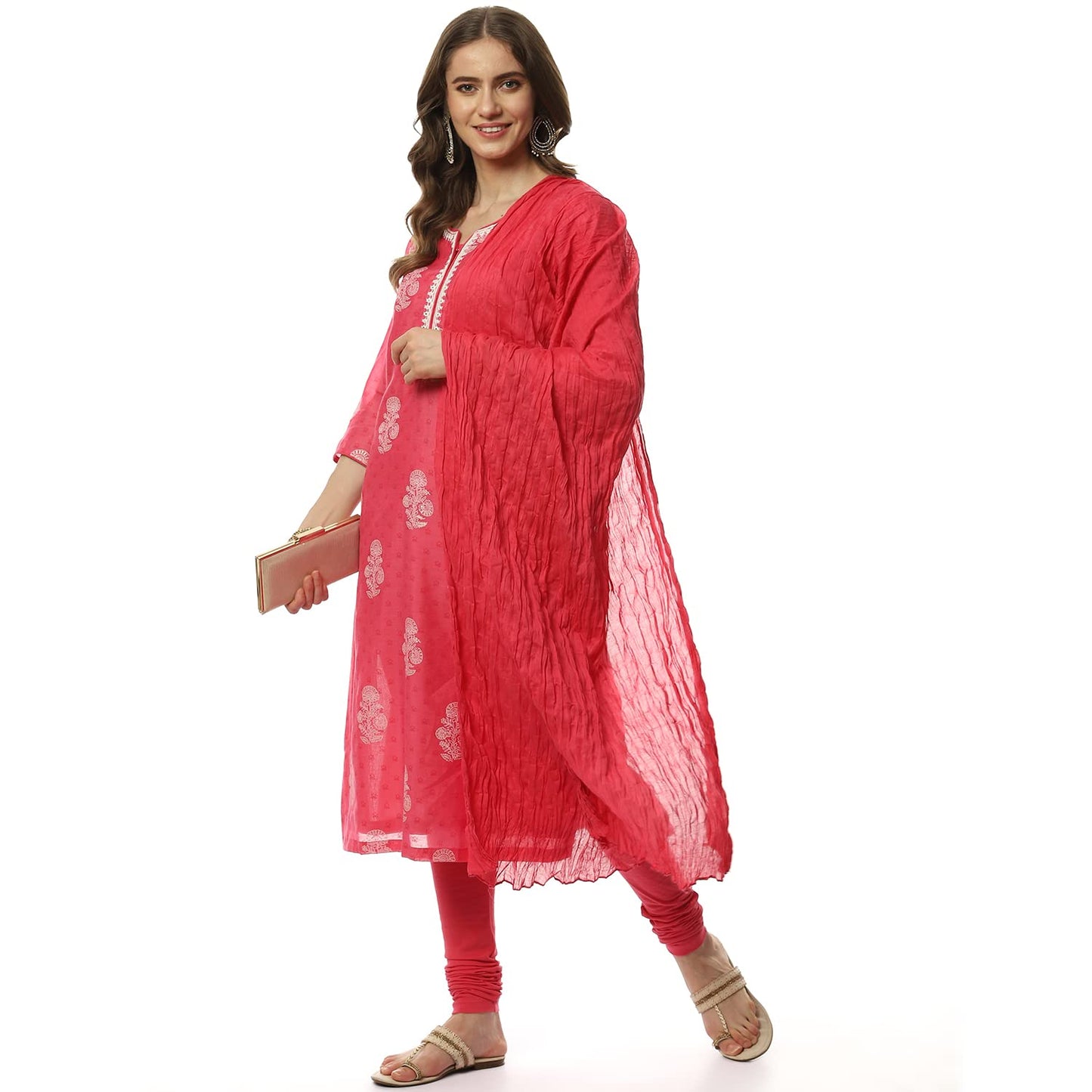 BIBA Women's Cotton Pink Straight Kurta Churidar Suit Set