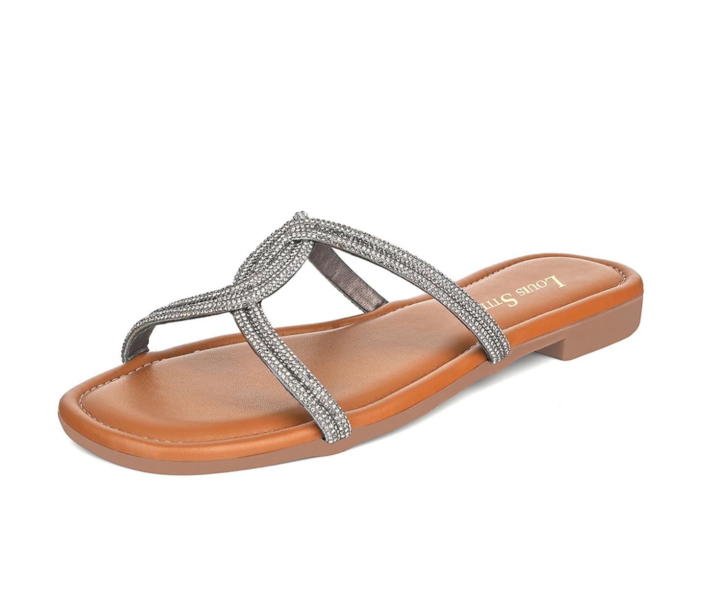LOUIS STITCH Women’s Fashion Flat Tan Slip-On Sandals | Open Toe Silver Cross Strap Flat Slipper for Ladies | LSOF-LDSL-CRCSGM| (UK-7)