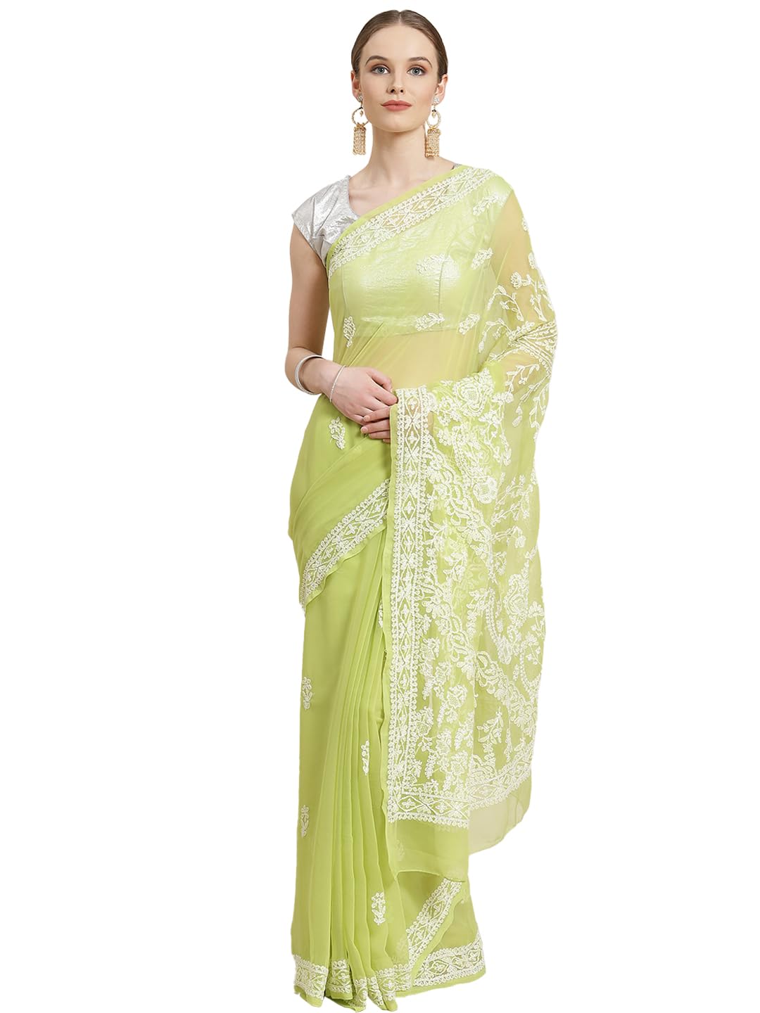 Ada Hand Embroidered Lucknow Chikankari Green Georgette Saree with Blouse Piece for Women A191630