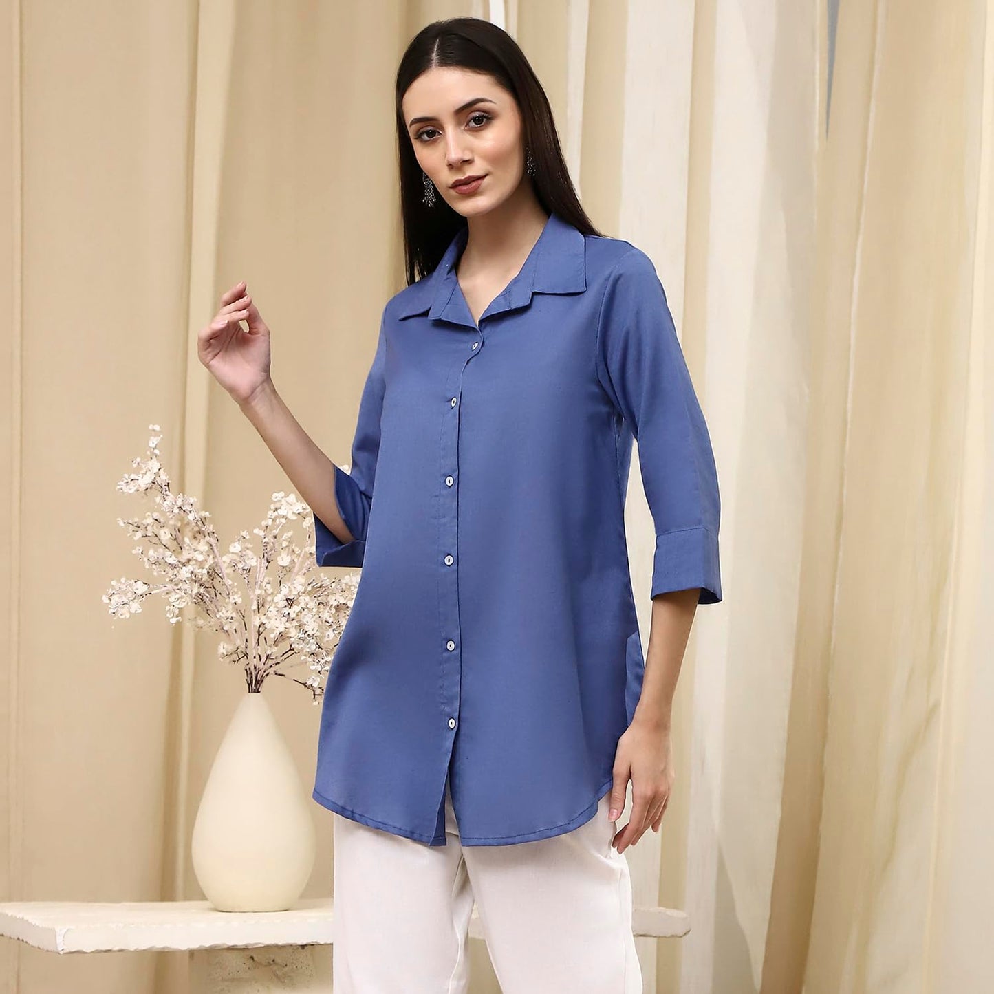 BIBA Women's Cotton Blend Solid Regular Shirts (SLDCR21577EAW24DSBLU_Dusk Blu