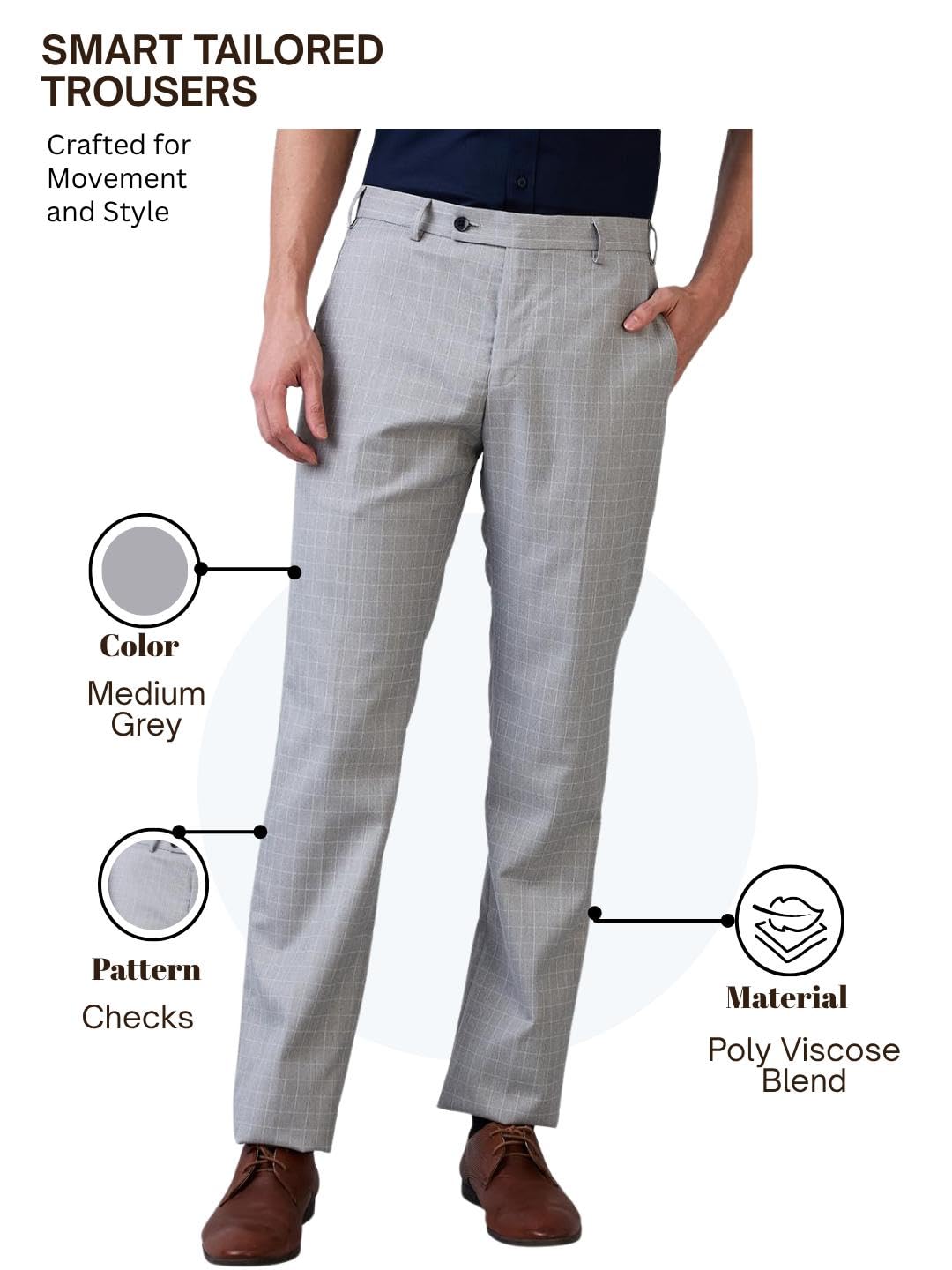 Park Avenue Men's Regular Fit Formal Trousers, Poly Viscose Blend, Checked Pattern, Mid Rise | Medium Grey